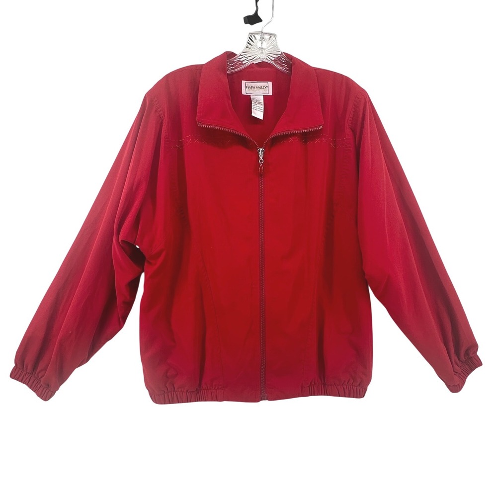 VTG Napa Valley Women Red Full Zip Lightweight Jacket Cross Stitch Detail Size M